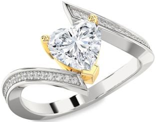 Diamond Gold Silver Heart Solitaire Pave Engagement Ring