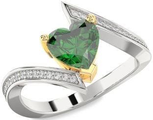 Diamond Emerald Platinum & Yellow Gold Heart Solitaire Pave Engagement Ring