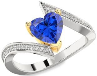 Diamond Blue Sapphire Platinum & Yellow Gold Heart Solitaire Pave Engagement Ring