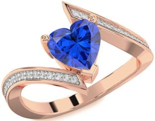 Diamond Blue Sapphire Rose Gold Heart Solitaire Pave Engagement Ring