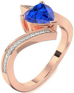 Diamond Blue Sapphire Rose Gold Heart Solitaire Pave Engagement Ring