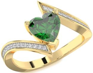 Diamond Emerald Gold Heart Solitaire Pave Engagement Ring