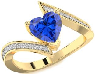 Diamond Blue Sapphire Gold Heart Solitaire Pave Engagement Ring