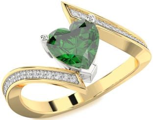 Diamond Emerald Platinum & Yellow Gold Heart Solitaire Pave Engagement Ring
