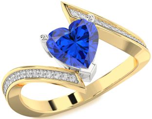 Diamond Blue Sapphire Platinum & Yellow Gold Heart Solitaire Pave Engagement Ring