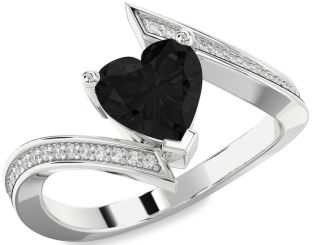 Black Diamond Silver Heart Solitaire Pave Engagement Ring