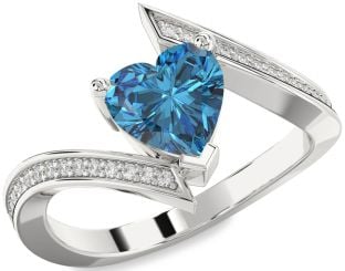 Blue Diamond Silver Heart Solitaire Pave Engagement Ring