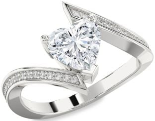 Diamond Silver Heart Solitaire Pave Engagement Ring