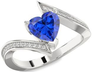 Diamond Blue Sapphire Platinum Heart Solitaire Pave Engagement Ring