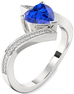 Diamond Blue Sapphire Platinum Heart Solitaire Pave Engagement Ring