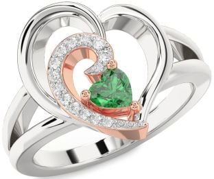 Diamond Emerald Silver & 10K Rose Gold Heart Promise Ring