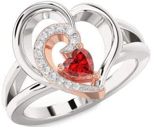 Diamond Ruby Silver & 10K Rose Gold Heart Promise Ring