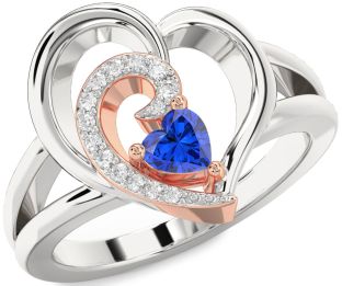 Diamond Blue Sapphire Platinum & Rose Gold Heart Promise Ring
