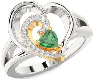 Diamond Emerald Silver & 10K gold Heart Promise Ring