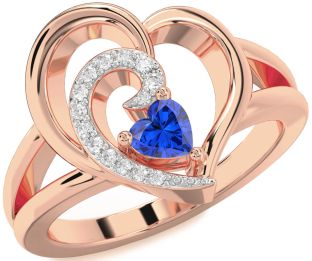 Diamond Blue Sapphire Rose Gold Heart Promise Ring