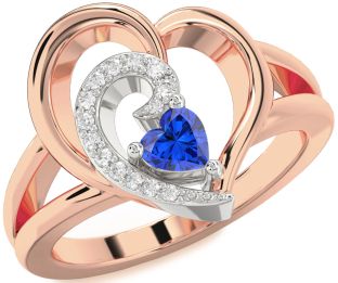 Diamond Blue Sapphire Platinum & Rose Gold Heart Promise Ring