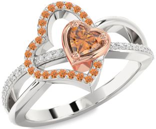 Diamond Emerald Platinum & Rose Gold Heart Ring