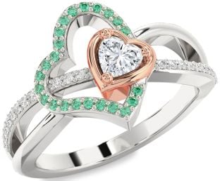 Diamond Emerald Platinum & Rose Gold Heart Ring