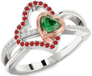 Diamond Emerald Platinum & Rose Gold Heart Ring