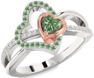 Diamond Emerald Platinum & Rose Gold Heart Ring