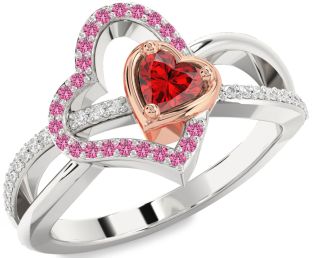 Diamond Emerald Platinum & Rose Gold Heart Ring