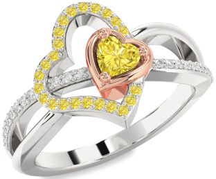 Diamond Emerald Platinum & Rose Gold Heart Ring