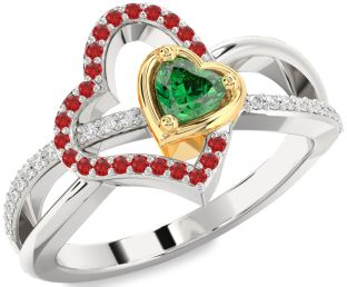 Diamond Emerald Platinum & Yellow Gold Heart Ring