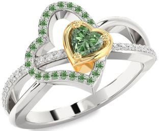 Diamond Emerald Platinum & Yellow Gold Heart Ring