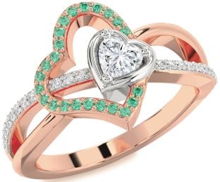 Diamond Emerald Platinum & Rose Gold Heart Ring