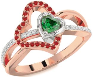 Diamond Emerald Platinum & Rose Gold Heart Ring