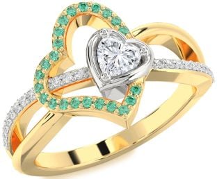 Diamond Emerald Platinum & Yellow Gold Heart Ring