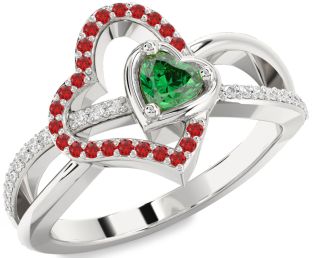 Diamond Emerald Platinum Heart Ring
