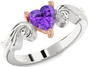 Amethyst Platinum & Rose Gold Heart Solitaire Engagement Ring