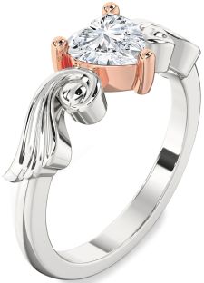 Diamond Silver & 10K Rose Gold Heart Solitaire Engagement Ring