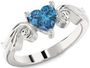 Blue Diamond Silver Heart Solitaire Engagement Ring