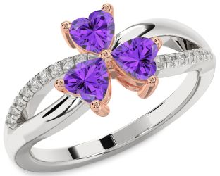 Diamond Emerald Platinum & Rose Gold Shamrock Heart Three Stone Birthstone Ring