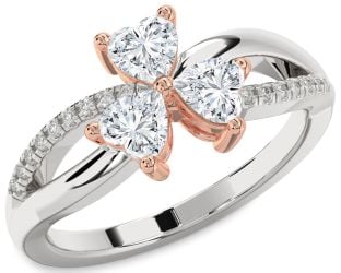 Diamond Silver & 10K Rose Gold Shamrock Heart Three Stone Ring