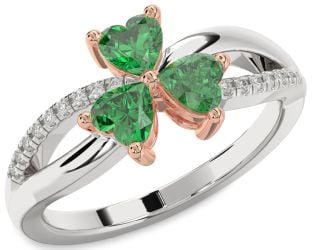 Diamond Emerald Platinum & Rose Gold Shamrock Heart Three Stone Birthstone Ring