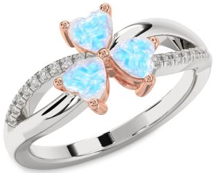 Diamond Emerald Platinum & Rose Gold Shamrock Heart Three Stone Birthstone Ring