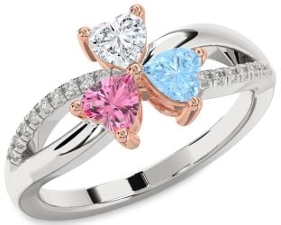 Diamond White Rose Gold Shamrock Heart Three Stone Mother's Ring