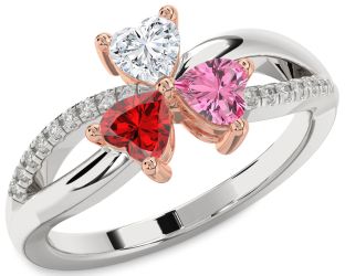 Diamond Emerald Platinum & Rose Gold Shamrock Heart Three Stone Birthstone Ring