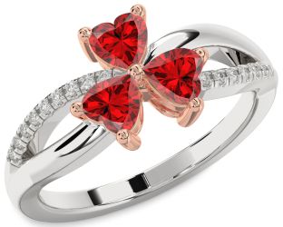Diamond Emerald Platinum & Rose Gold Shamrock Heart Three Stone Birthstone Ring