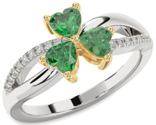 Diamond Emerald Platinum & Yellow Gold Shamrock Heart Three Stone Birthstone Ring