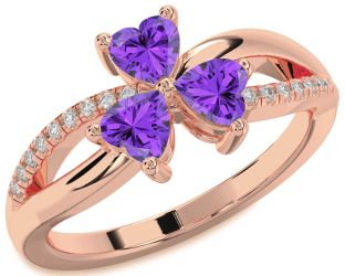 Diamond Emerald Rose Gold Shamrock Heart Three Stone Birthstone Ring