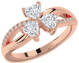 Diamond Rose Gold Silver Shamrock Heart Three Stone Ring