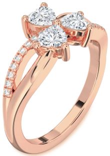 Diamond Rose Gold Silver Shamrock Heart Three Stone Ring