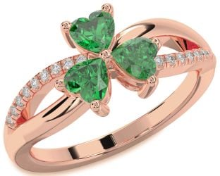 Diamond Emerald Rose Gold Shamrock Heart Three Stone Birthstone Ring