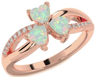 Diamond Emerald Rose Gold Shamrock Heart Three Stone Birthstone Ring