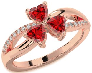 Diamond Emerald Rose Gold Shamrock Heart Three Stone Birthstone Ring