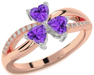 Diamond Emerald Platinum & Rose Gold Shamrock Heart Three Stone Birthstone Ring